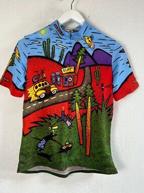 Vintage 90s Sugoi Road Trip Cycling Jersey Woody Wagon AOP Art Print Rare